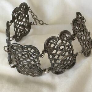 Vintage 5 Panel Filigree Tin Bracelet Art Deco Adjustable 7-9inches Silver Color